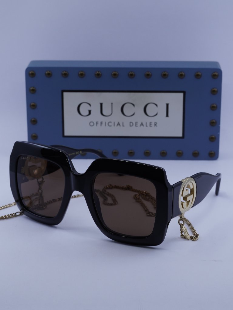 Gucci Gg1022s 005 Square Sunglasses - Black/Brown With Gold Chain